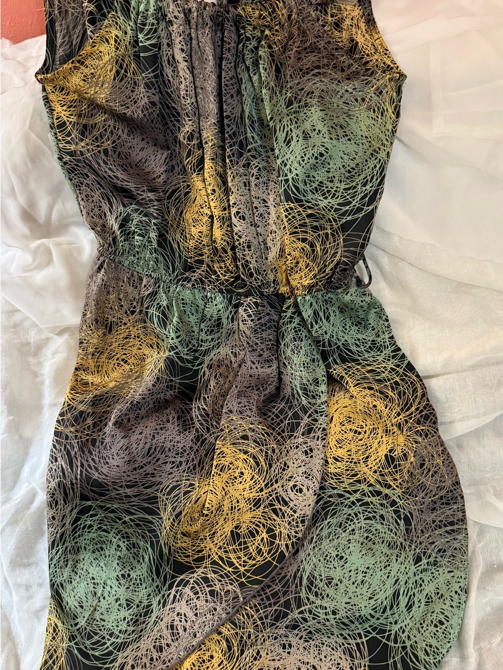 Wish Black Midi Dress with Green, Gold & Taupe Swirl Print